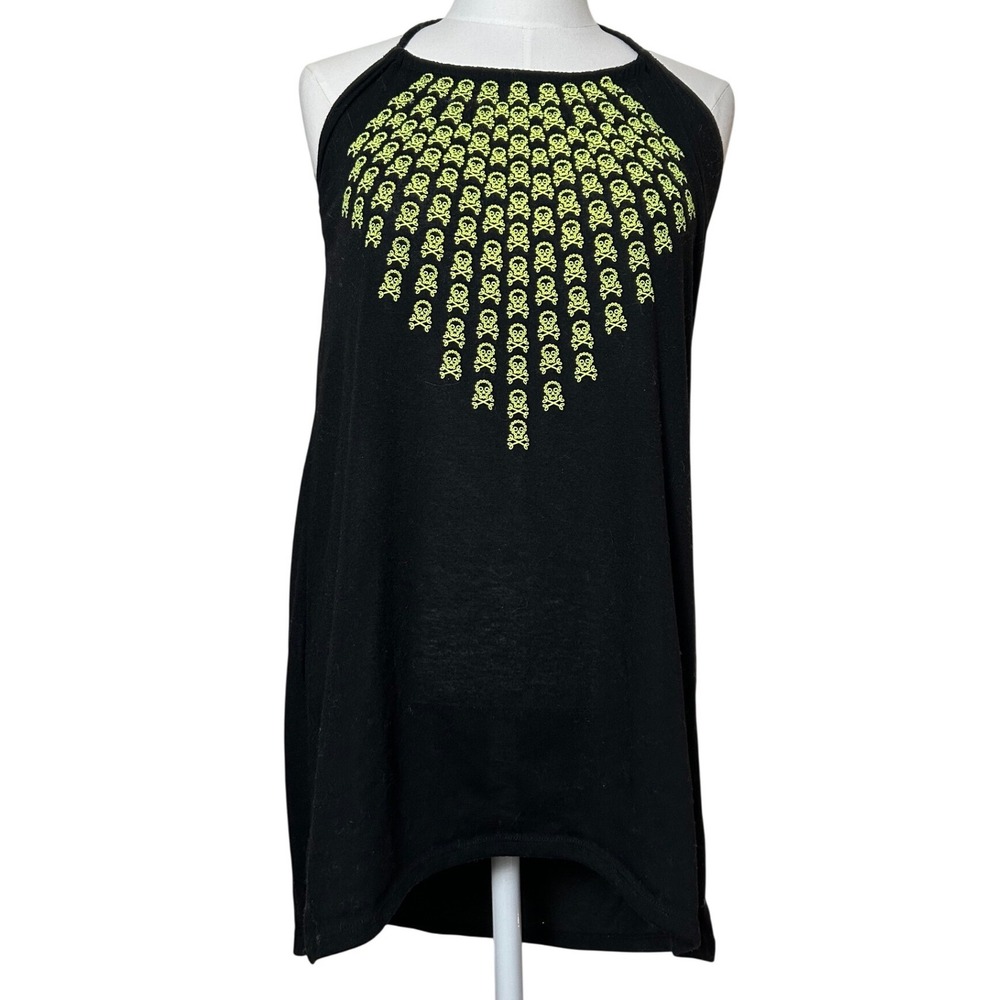 Black Halter Top Dress Beach Cover Up Neon Green Yellow Skull Print Grunge Small